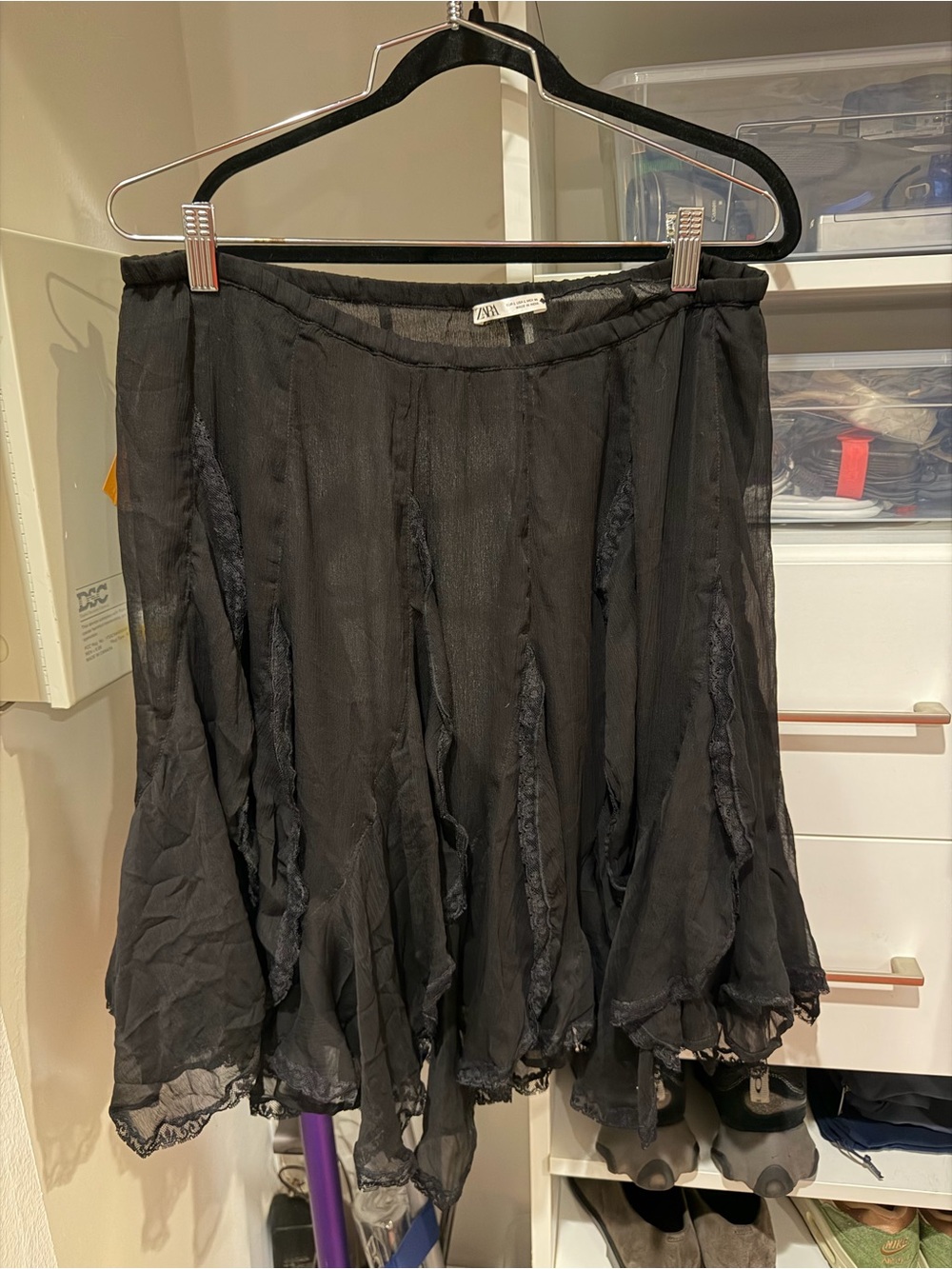 ZARA Black A-Line Sheer Lace-Trim Skirt